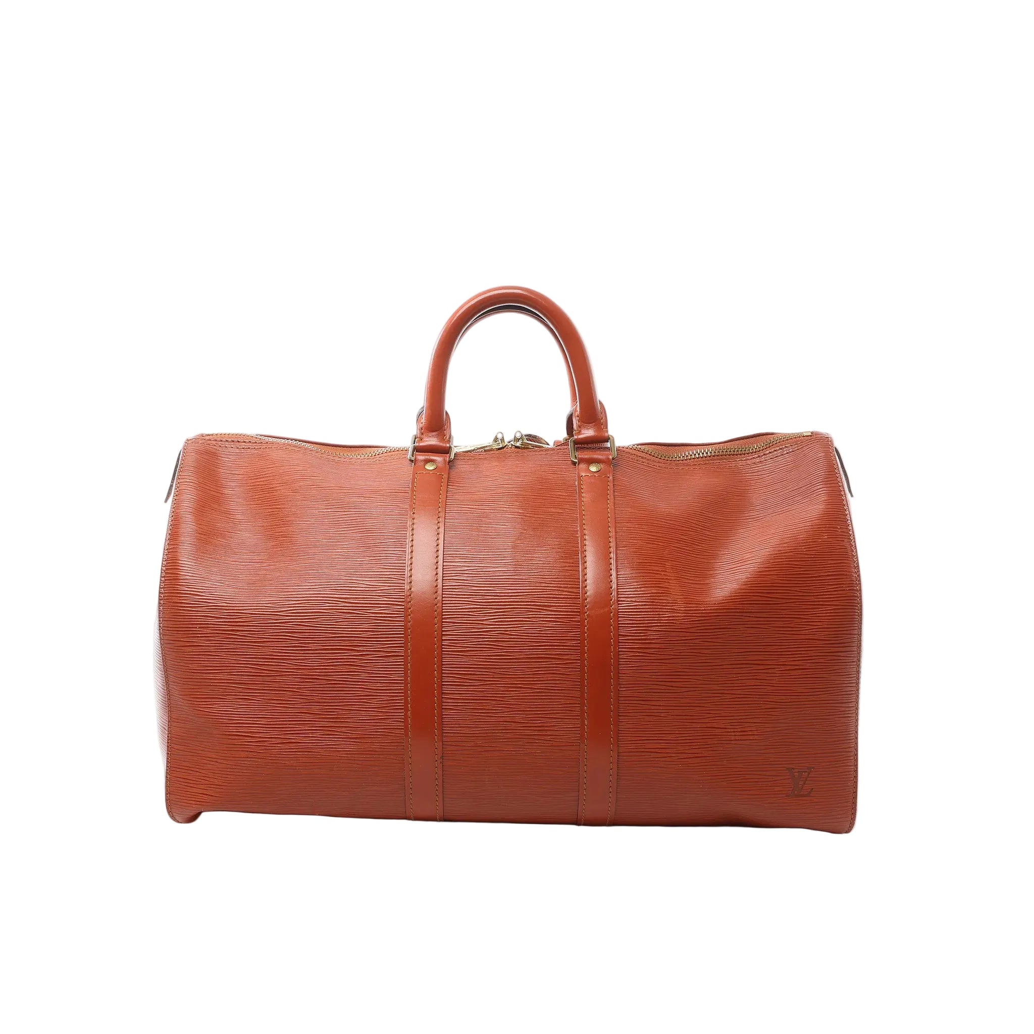 Louis Vuitton Keepall 45 duffle in brown Epi textured leather with top handles and zip-top closure, front view on white background.