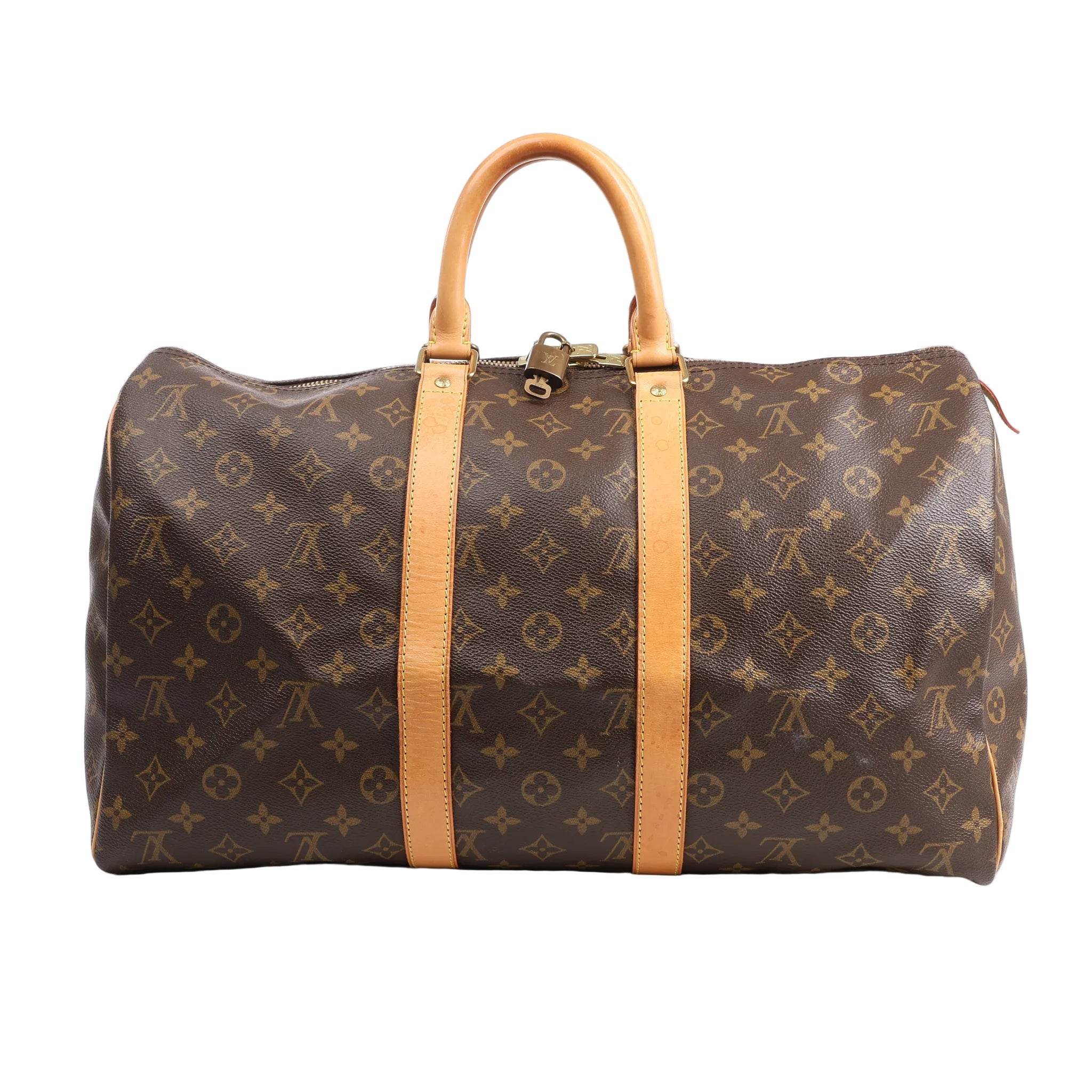 Louis Vuitton Monogram Canvas Keepall 45 Travel Bag M41428 featuring brown LV monogram canvas, tan leather handles and trim, gold-tone hardware, and zip closure with padlock, displayed on a white background.