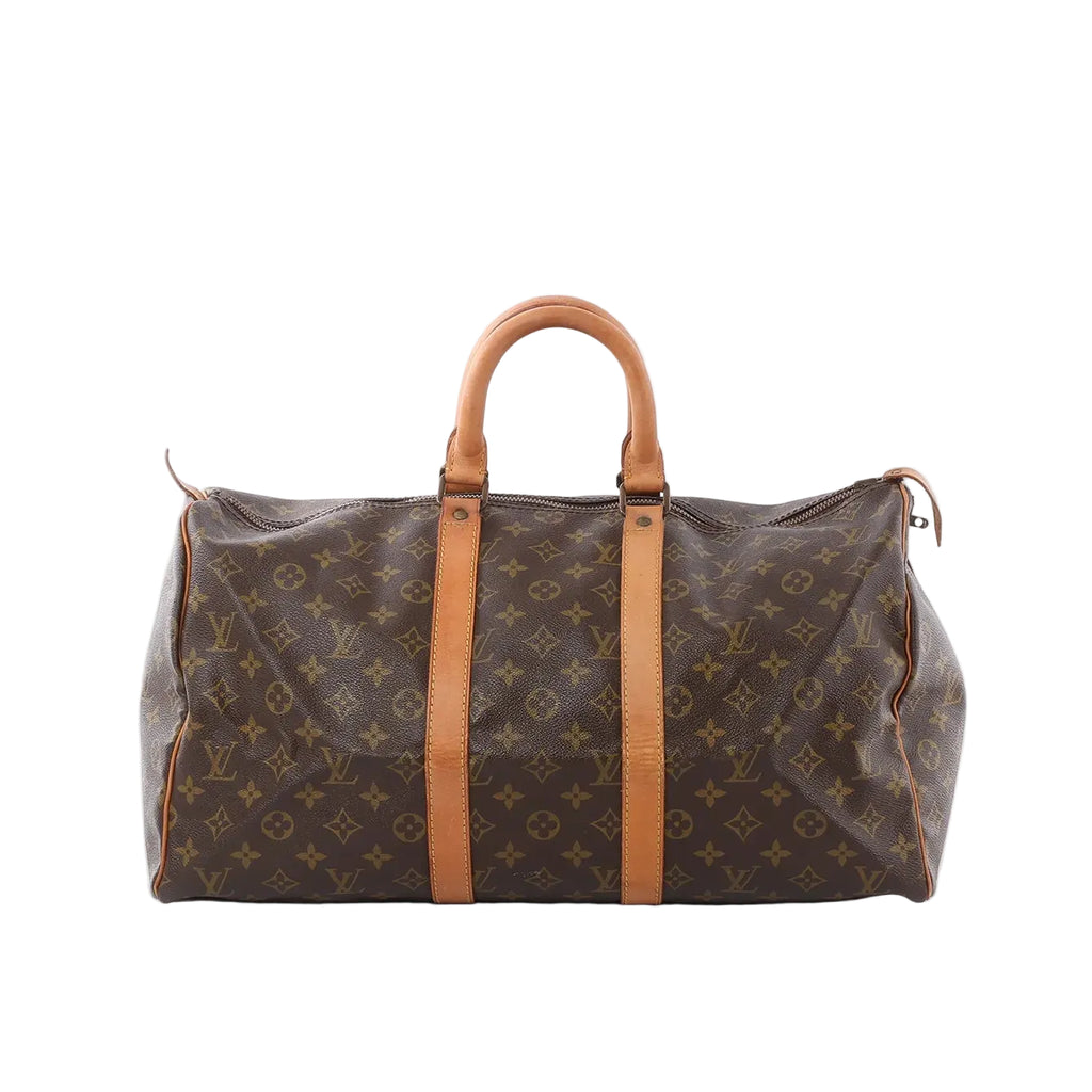 Louis Vuitton Keepall 45 brown Monogram canvas travel bag with tan leather top handles and straps, zip closure, front view on white background