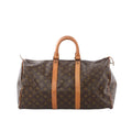 Louis Vuitton Keepall 45 brown Monogram canvas travel bag with tan leather top handles and straps, zip closure, front view on white background