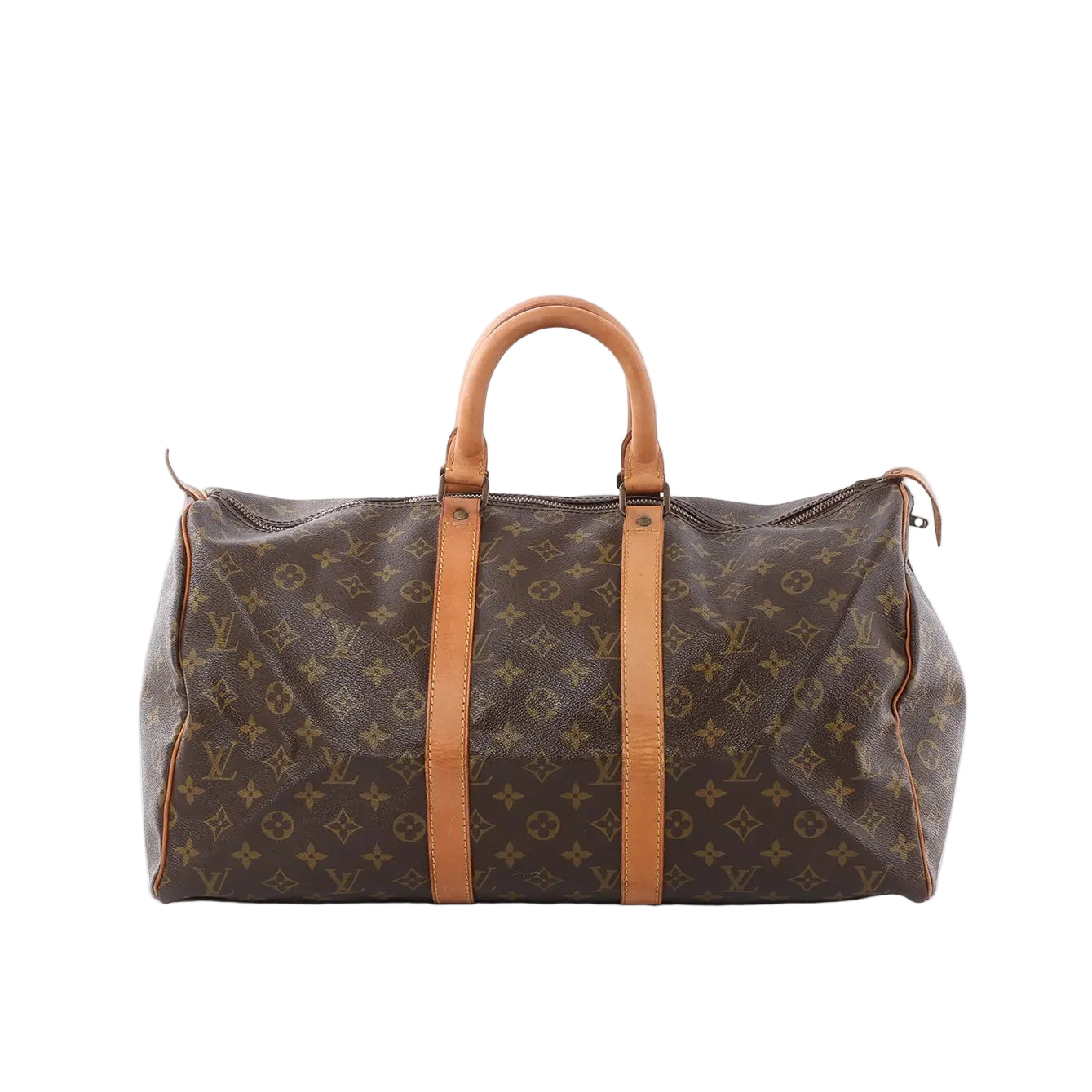 Louis Vuitton Keepall 45 brown Monogram canvas travel bag with tan leather top handles and straps, zip closure, front view on white background