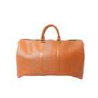 Louis Vuitton Keepall 45 brown Epi textured leather travel bag with tan leather top handles and straps and zip closure, front view on white background