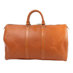 Front view of the Louis Vuitton Epi Leather Keepall 45 Travel Bag M42978 in brown, featuring textured Epi leather exterior, smooth leather top handles and trim, gold-tone hardware, and classic duffel silhouette, displayed against a white background.