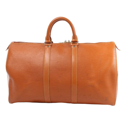 Front view of the Louis Vuitton Epi Leather Keepall 45 Travel Bag M42978 in brown, featuring textured Epi leather exterior, smooth leather top handles and trim, gold-tone hardware, and classic duffel silhouette, displayed against a white background.