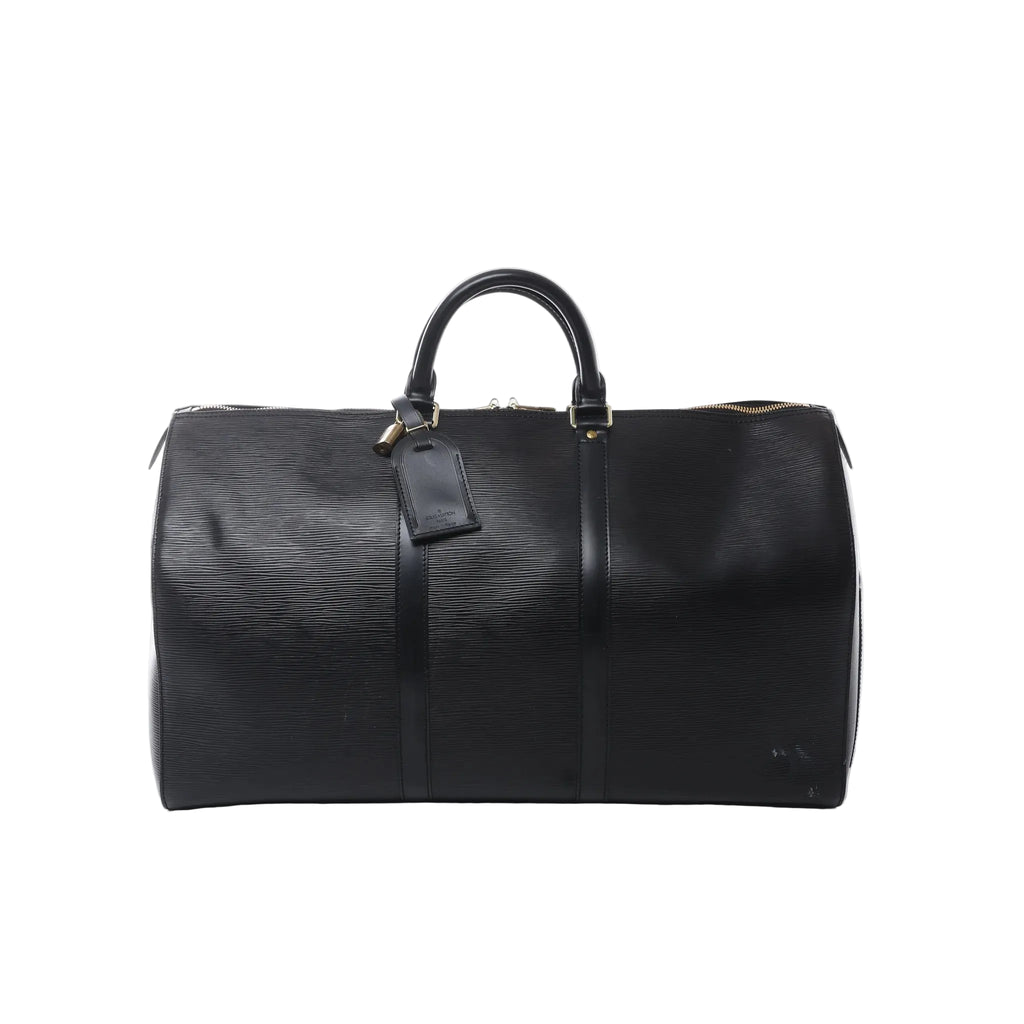 Louis Vuitton Keepall 50 travel bag in black Epi leather with rolled top handles, leather luggage tag, double zip closure and structured duffle silhouette.