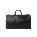 Louis Vuitton Keepall 50 travel bag in black Epi leather with rolled top handles, leather luggage tag, double zip closure and structured duffle silhouette.