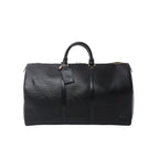 Louis Vuitton Keepall 50 travel bag in black Epi leather with rolled top handles, leather luggage tag, double zip closure and structured duffle silhouette.