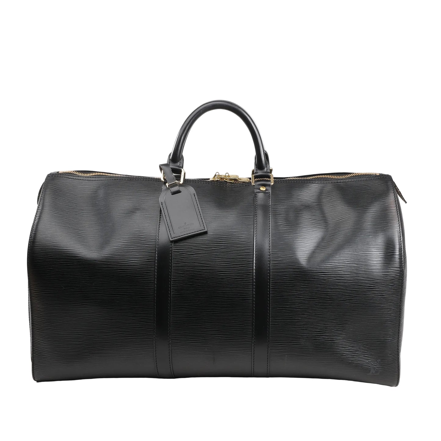 Front view of a Louis Vuitton Keepall 50 travel bag in black Epi leather featuring a textured grain finish, dual rolled leather handles, gold-tone zipper closure, and matching leather luggage tag.