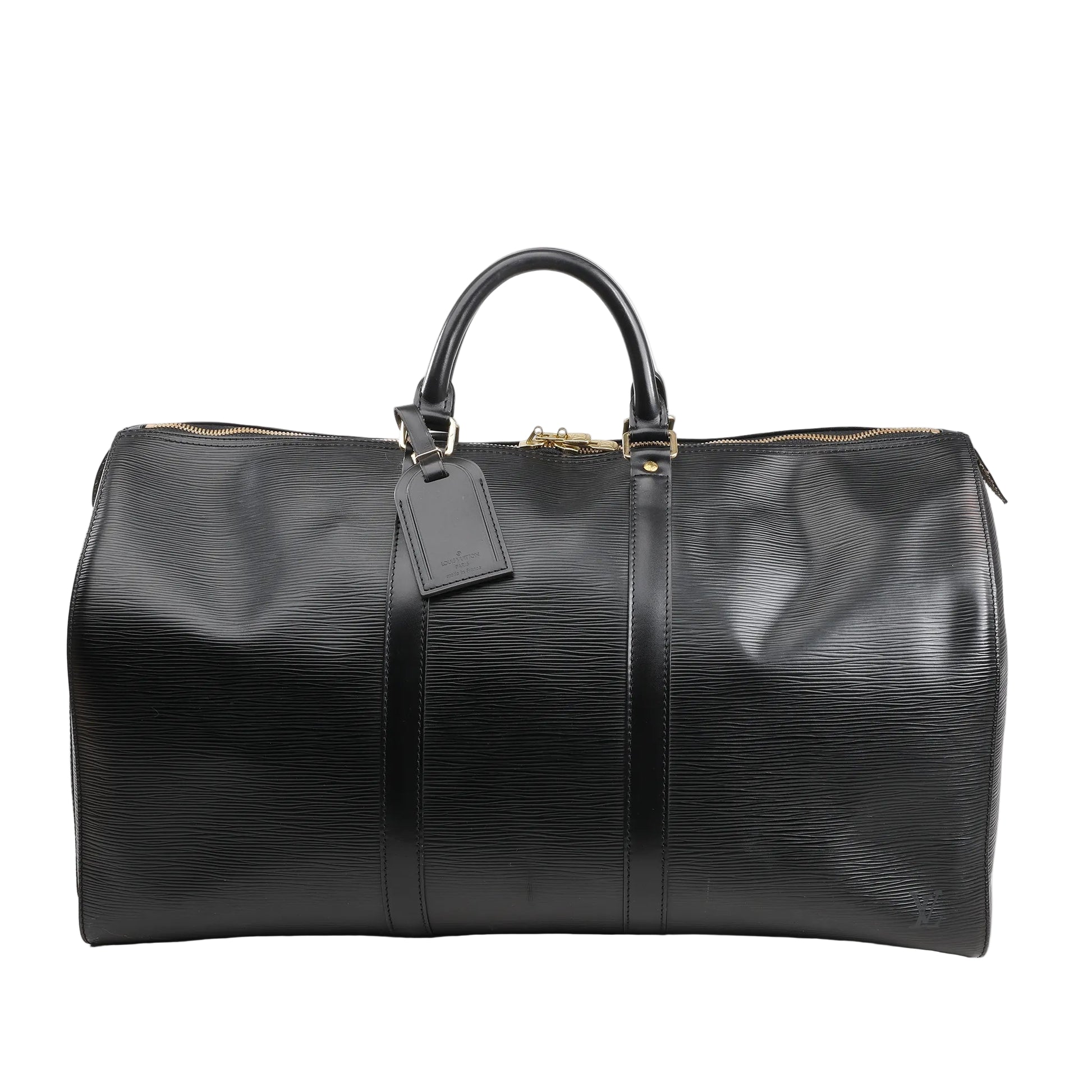 Front view of a Louis Vuitton Keepall 50 travel bag in black Epi leather featuring a textured grain finish, dual rolled leather handles, gold-tone zipper closure, and matching leather luggage tag.