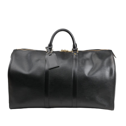 Front view of a Louis Vuitton Keepall 50 travel bag in black Epi leather featuring a textured grain finish, dual rolled leather handles, gold-tone zipper closure, and matching leather luggage tag.