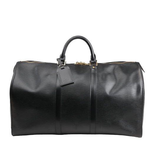 Front view of a Louis Vuitton Keepall 50 travel bag in black Epi leather featuring a textured grain finish, dual rolled leather handles, gold-tone zipper closure, and matching leather luggage tag.