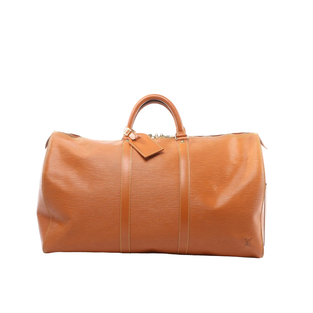 Louis Vuitton Keepall 50 travel bag in brown Epi textured leather with rolled top handles, leather trim, luggage tag, and subtle LV logo embossing on a light gray background.