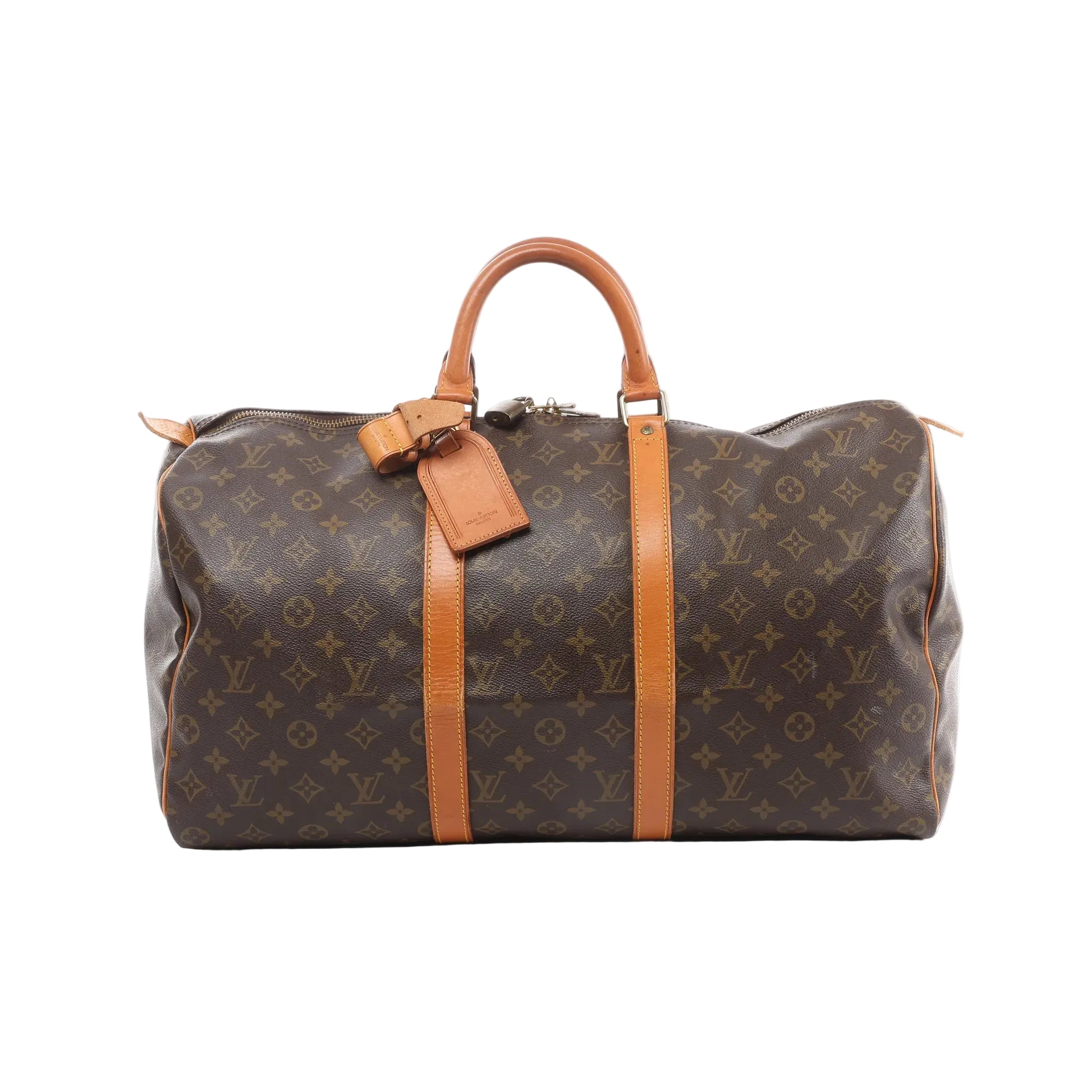 Louis Vuitton Keepall 50 brown Monogram canvas travel duffle with tan leather trim, double top handles, zip-top closure, and luggage tag, front view on white background.