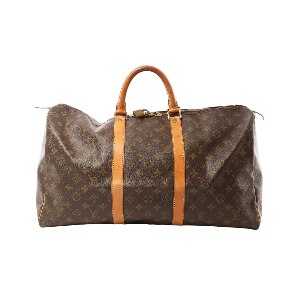 Brown Louis Vuitton Keepall 50 Monogram canvas travel bag with tan leather handles and straps, zip closure and padlock, on a white background.