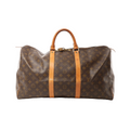 Brown Louis Vuitton Keepall 50 Monogram canvas travel bag with tan leather handles and straps, zip closure and padlock, on a white background.
