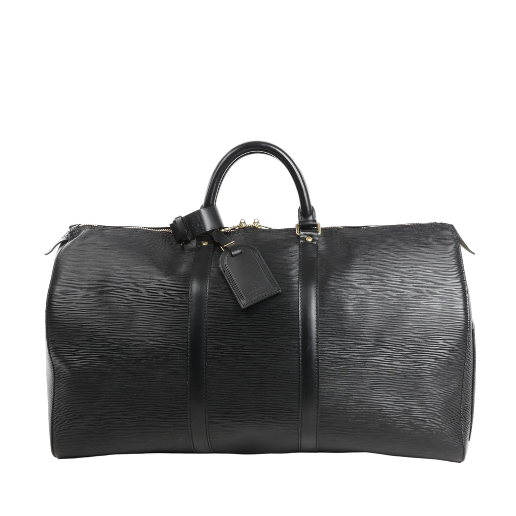 Louis Vuitton Keepall 50 M42962 travel bag in black Epi leather with matching leather trim and handles, gold-tone hardware, and a structured duffle design featuring a top zip closure and attached leather name tag.