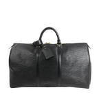 Louis Vuitton Keepall 50 M42962 travel bag in black Epi leather with matching leather trim and handles, gold-tone hardware, and a structured duffle design featuring a top zip closure and attached leather name tag.