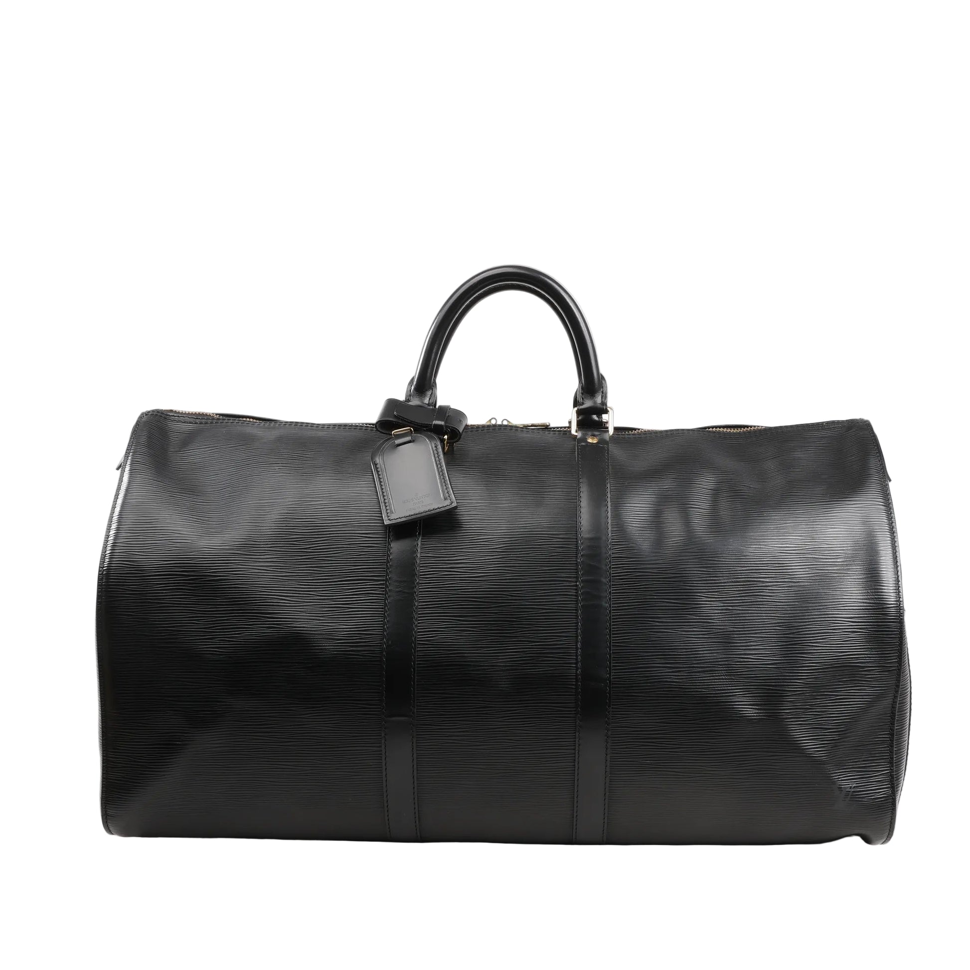 Louis Vuitton Keepall 55 Travel Bag M59142 in black Epi leather with rolled leather handles, leather name tag, and structured duffle silhouette against a white background.