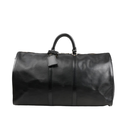 Louis Vuitton Keepall 55 Travel Bag M59142 in black Epi leather with rolled leather handles, leather name tag, and structured duffle silhouette against a white background.