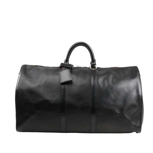 Louis Vuitton Keepall 55 Travel Bag M59142 in black Epi leather with rolled leather handles, leather name tag, and structured duffle silhouette against a white background.