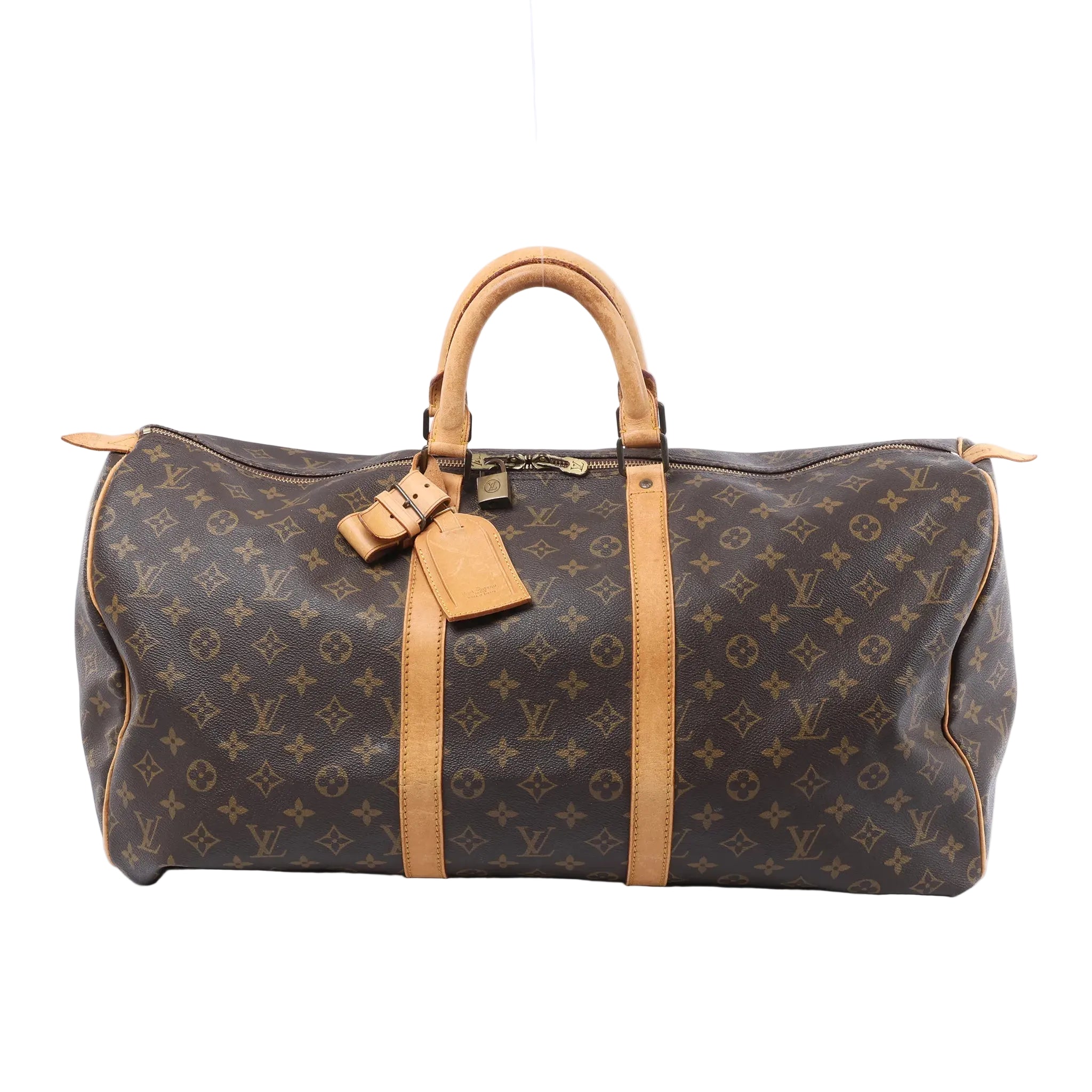 Front view of a brown Louis Vuitton Keepall 55 Monogram canvas travel bag with tan leather trim, rolled handles, luggage tag and padlock on a white background.