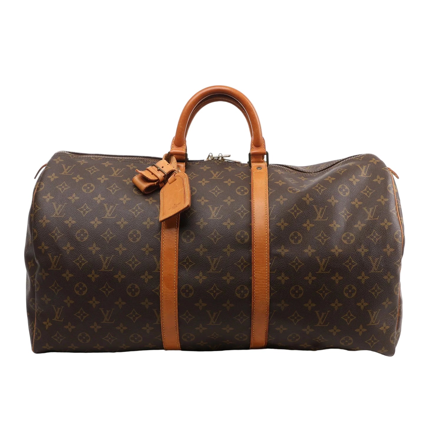 Louis Vuitton Monogram Canvas Keepall 55 Travel Bag M41424 featuring brown LV monogram canvas, tan leather handles and trim, gold-tone hardware, zip closure, and attached leather name tag, displayed on a white background.