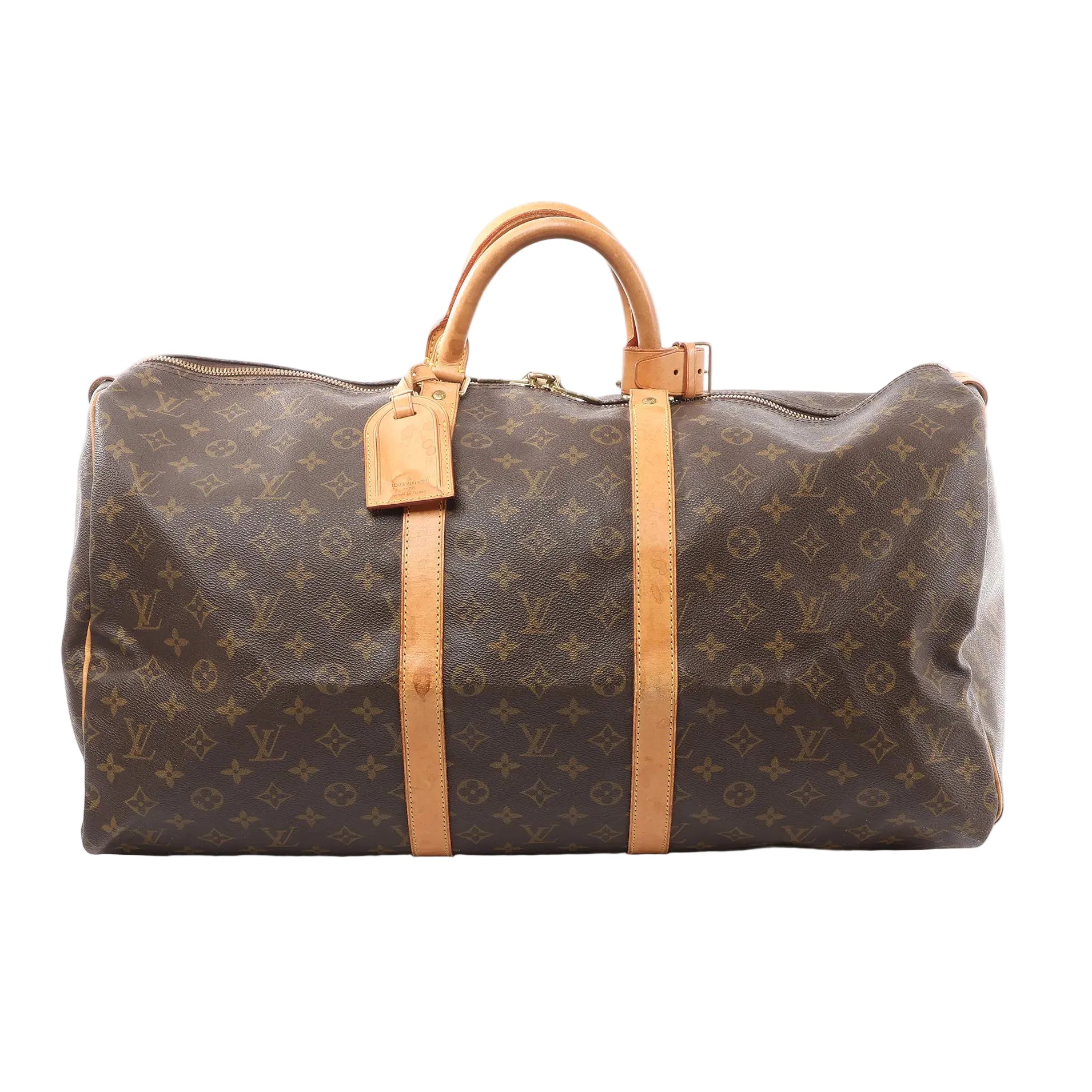 Louis Vuitton Keepall 55 duffle in brown Monogram canvas with tan leather trim, top handles, luggage tag, and zip closure, front view on white background.