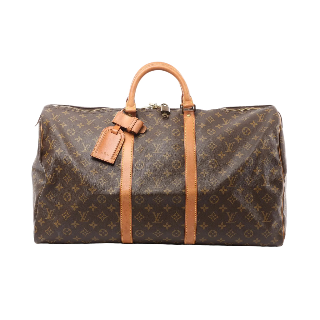 Louis Vuitton Keepall 55 brown Monogram canvas travel duffle with tan leather trim, double top handles, zip-top closure, and luggage tag, front view on white background.
