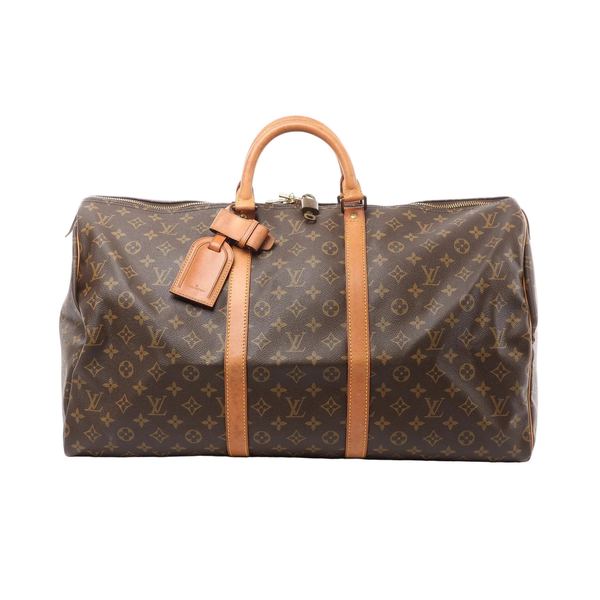 Louis Vuitton Keepall 55 brown Monogram canvas travel duffle with tan leather trim, double top handles, zip-top closure, and luggage tag, front view on white background.