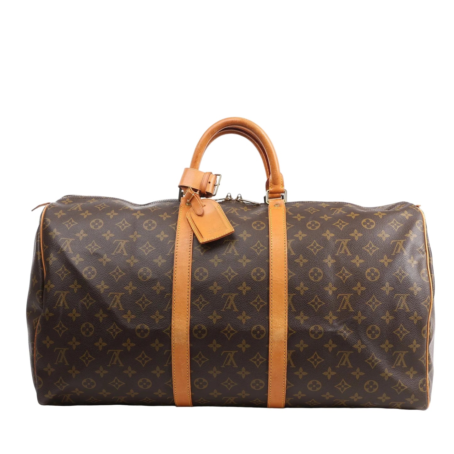 Louis Vuitton Monogram Canvas Keepall 55 Travel Bag M41424 featuring brown LV monogram canvas, tan leather handles and trim, gold-tone hardware, zip closure, and attached leather name tag, displayed on a white background.