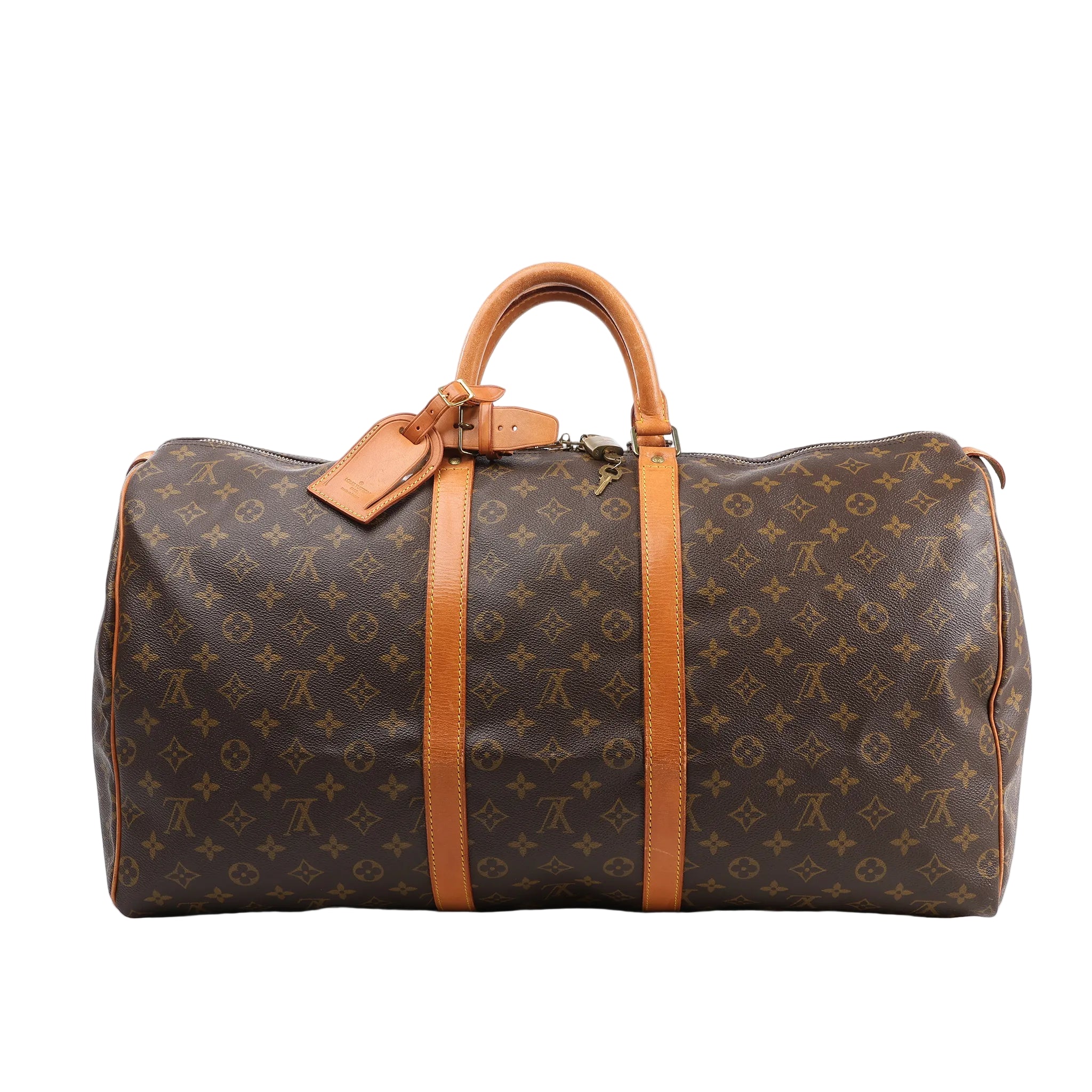 Louis Vuitton Monogram Canvas Keepall 55 Travel Bag M41424 featuring brown LV monogram canvas, tan leather handles and trim, gold-tone hardware, zip closure, and attached leather name tag, displayed on a white background.