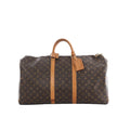 Louis Vuitton Keepall 55 travel bag in brown Monogram canvas with tan leather top handles, two vertical leather straps, zip top and hanging luggage tag.
