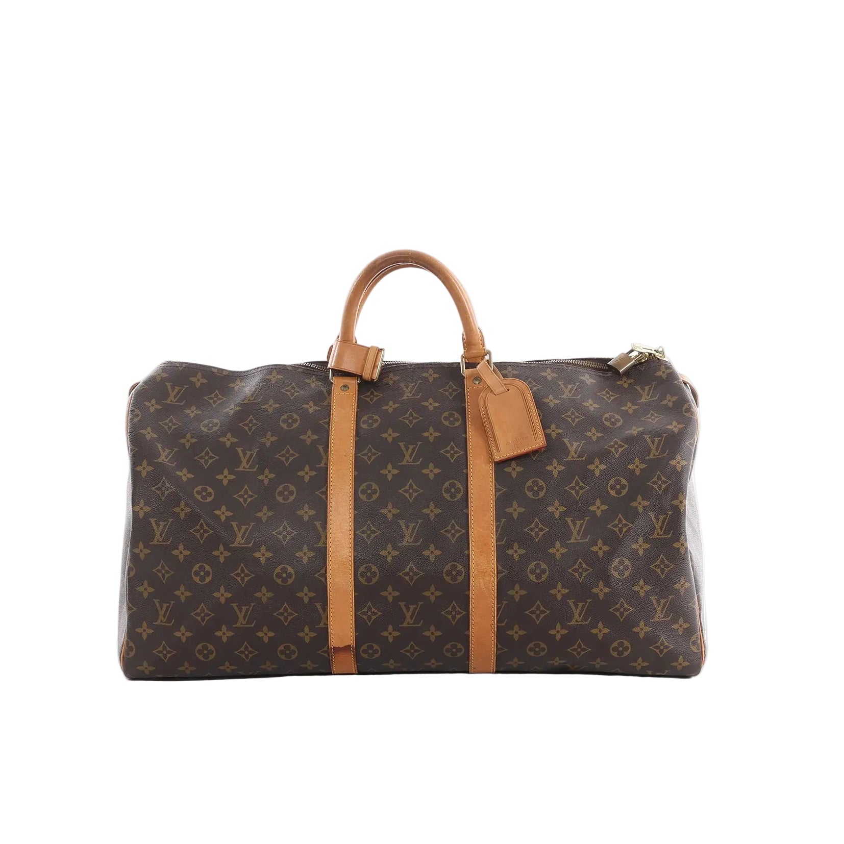 Louis Vuitton Keepall 55 travel bag in brown Monogram canvas with tan leather top handles, two vertical leather straps, zip top and hanging luggage tag.