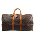 Louis Vuitton Monogram Canvas Keepall 55 Travel Bag M41424 featuring brown LV monogram canvas, tan leather handles and trim, gold-tone hardware, zip closure, and attached leather name tag, displayed on a white background.