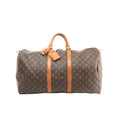 Louis Vuitton Keepall 55 brown Monogram canvas travel duffle with tan leather trim, double top handles, zip-top closure, and luggage tag, front view on white background.