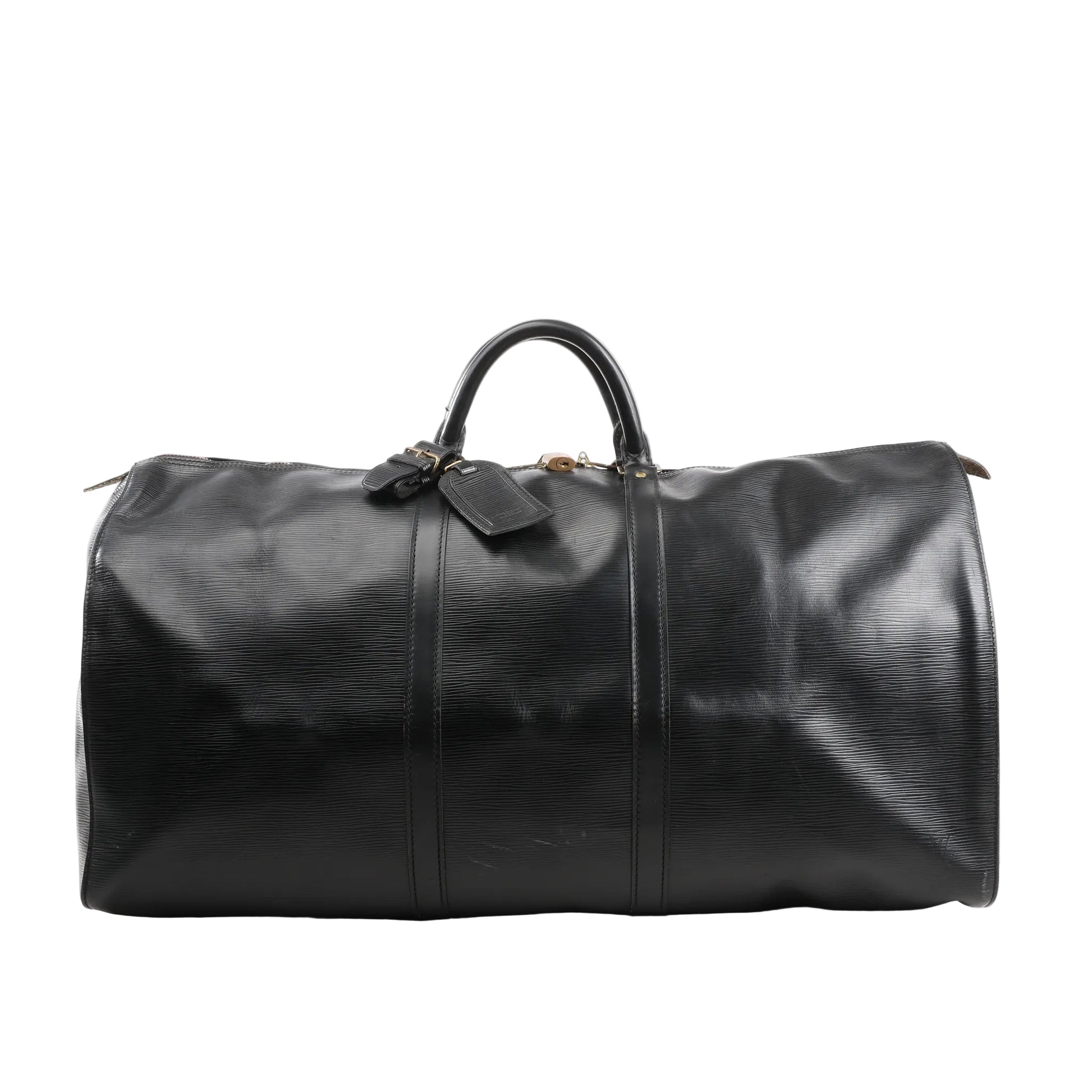 Louis Vuitton Keepall 60 Travel Bag in black Epi leather with textured finish, dual rolled top handles, gold-tone hardware, and leather name tag, displayed on a white background.