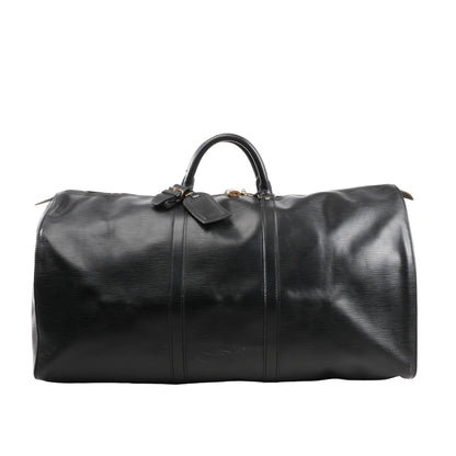 Louis Vuitton Keepall 60 Travel Bag in black Epi leather with textured finish, dual rolled top handles, gold-tone hardware, and leather name tag, displayed on a white background.