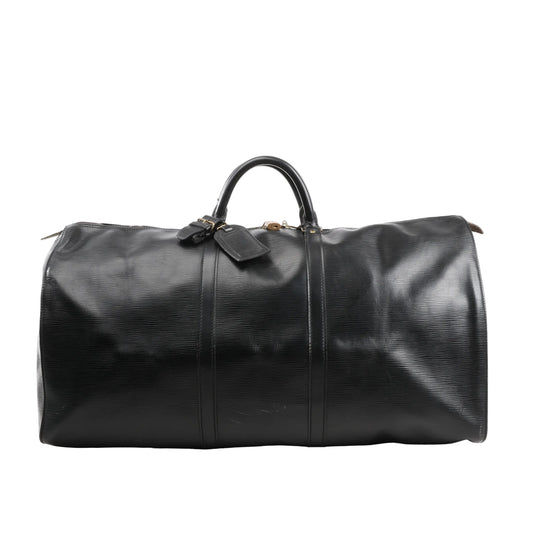 Louis Vuitton Keepall 60 Travel Bag in black Epi leather with textured finish, dual rolled top handles, gold-tone hardware, and leather name tag, displayed on a white background.