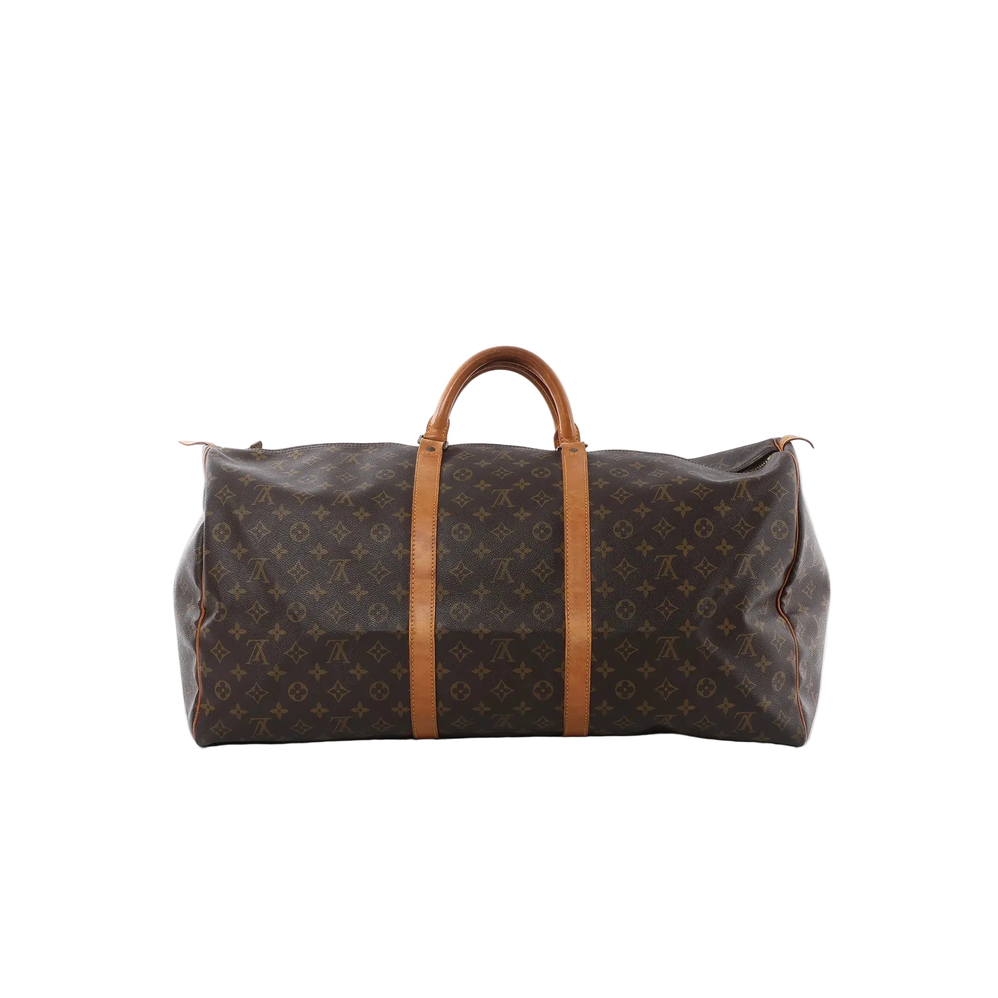 Louis Vuitton Keepall 60 Monogram canvas travel bag with vachetta leather top handles and trim on white background.