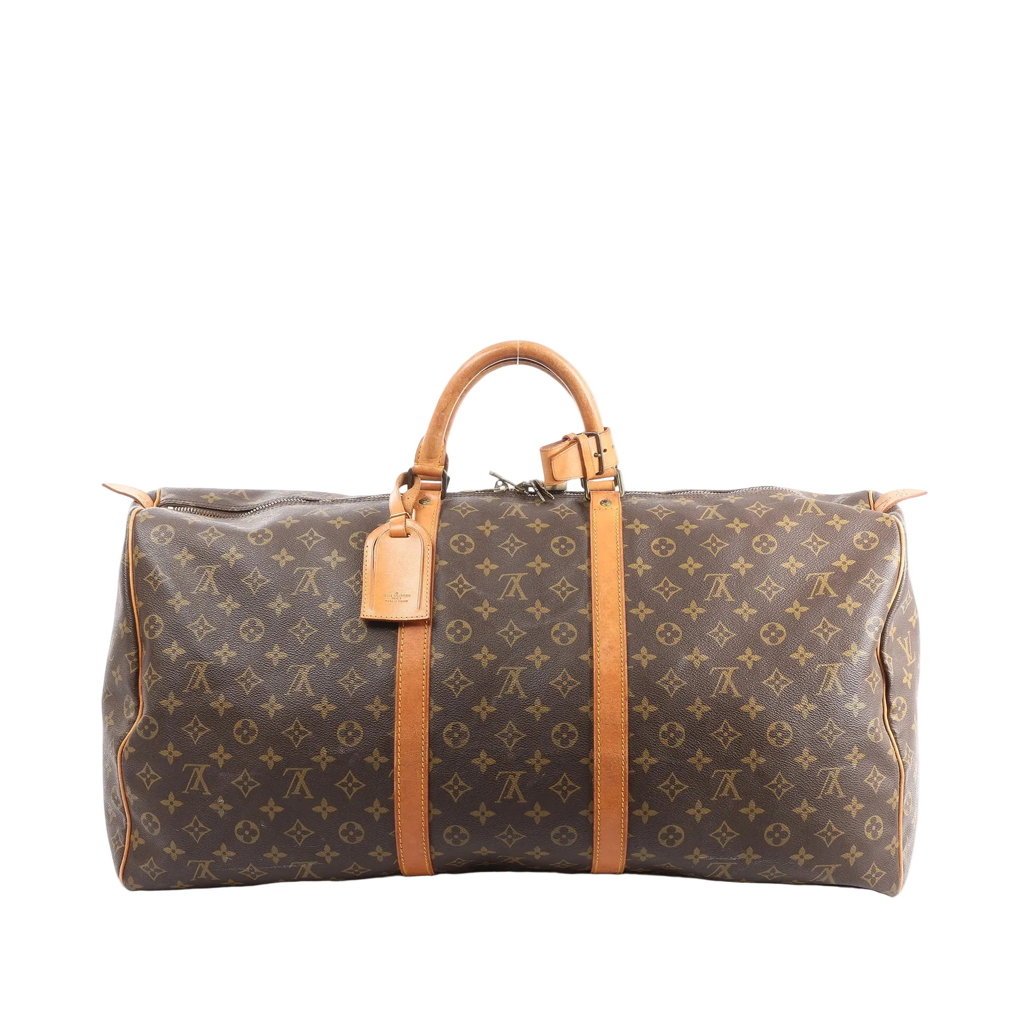 Louis Vuitton Keepall 60 travel bag in brown Monogram canvas with tan leather top handles, leather trim straps, and zip-top closure.