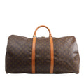 Louis Vuitton Monogram Canvas Keepall 60 Travel Bag M41422 featuring brown LV monogram canvas, tan leather handles and trim, gold-tone hardware, and zip closure, displayed on a white background.