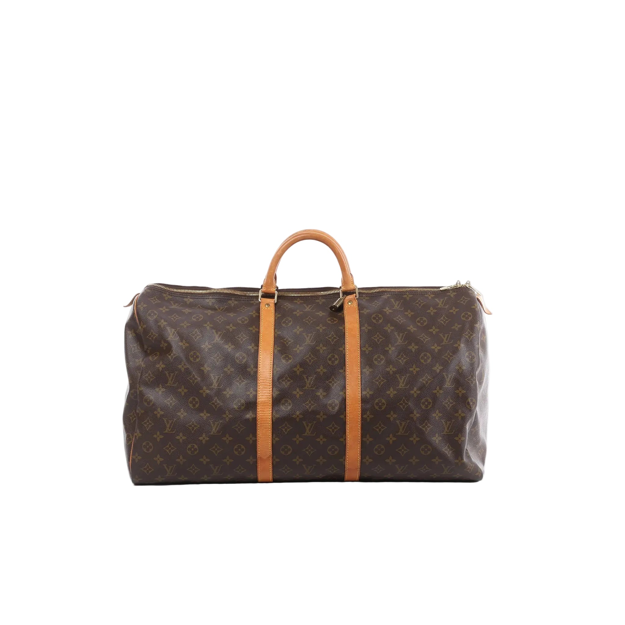 Louis Vuitton Keepall 60 brown Monogram canvas travel bag with tan leather top handles and trim, gold-tone zip closure, shown on white background