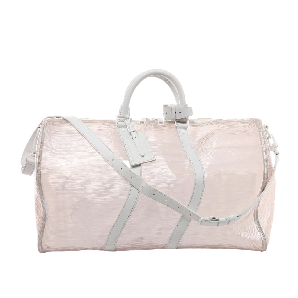 Clear Louis Vuitton Keepall Bandoulière 50 Epi Plage travel bag with white leather handles, trim, shoulder strap and luggage tag.