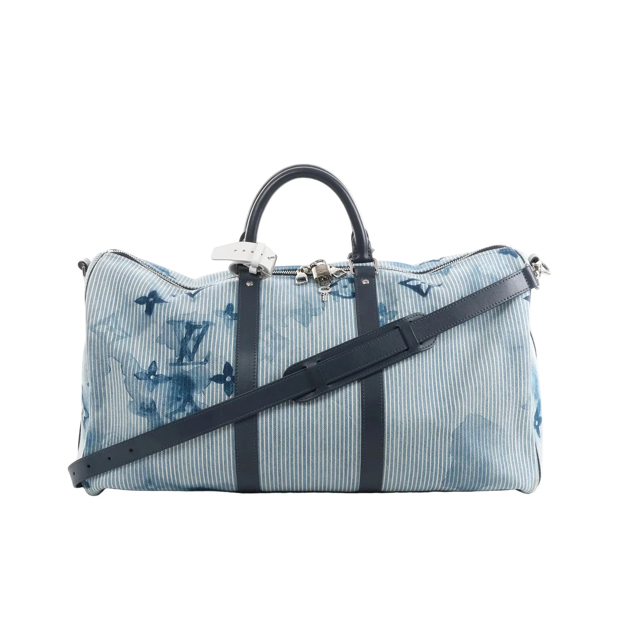 Blue and white Louis Vuitton Keepall Bandoulière 50 travel bag with striped watercolor Monogram print, dark leather trim and handles, and an adjustable shoulder strap.