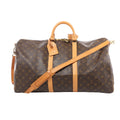 Front view of a brown Louis Vuitton Keepall travel bag with Monogram canvas, tan leather trim and handles, a shoulder strap, luggage tag and gold-tone padlock.