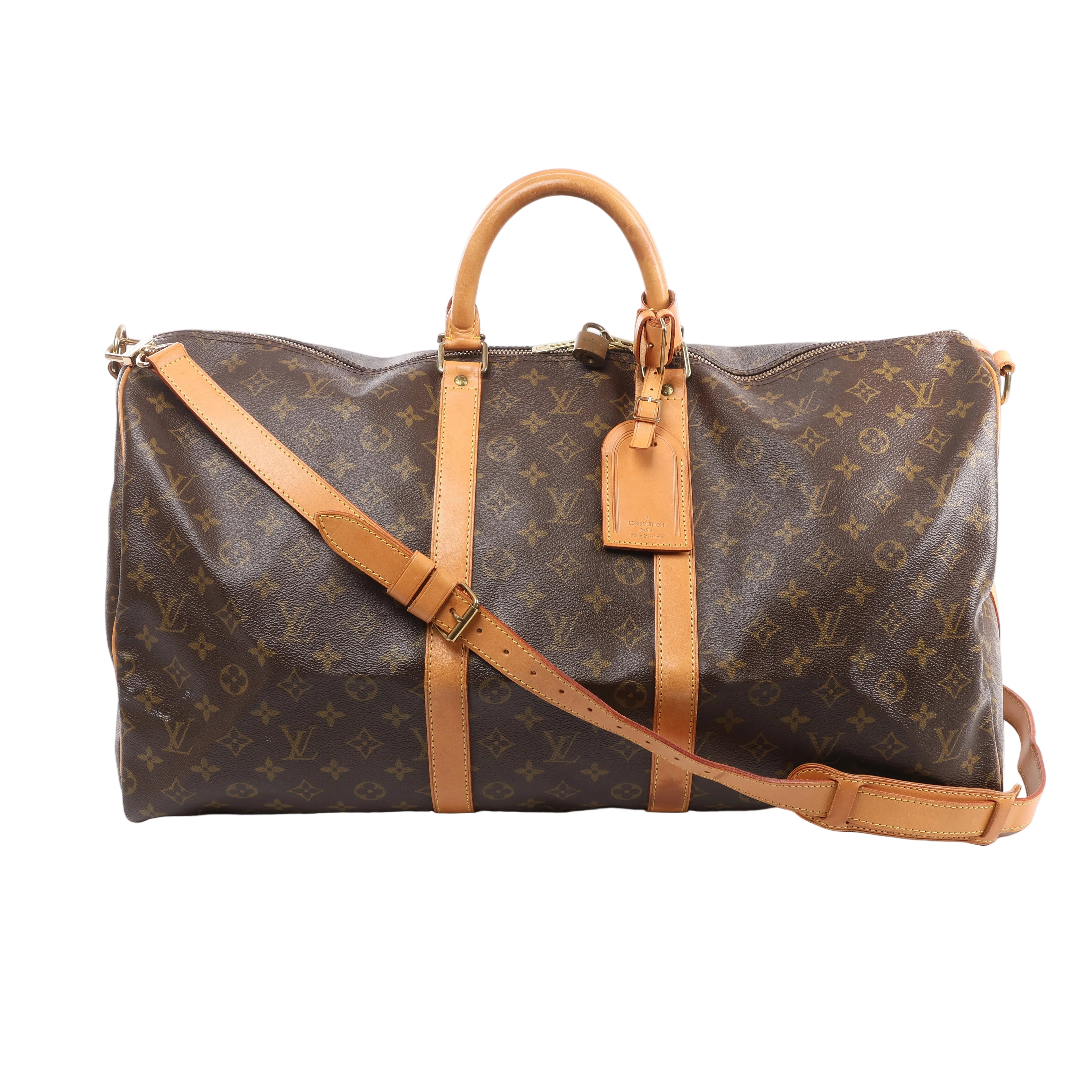 Louis Vuitton Keepall Bandoulière 55 Monogram canvas travel bag with tan leather handles and trim, shoulder strap, luggage tag and gold-tone zip hardware.