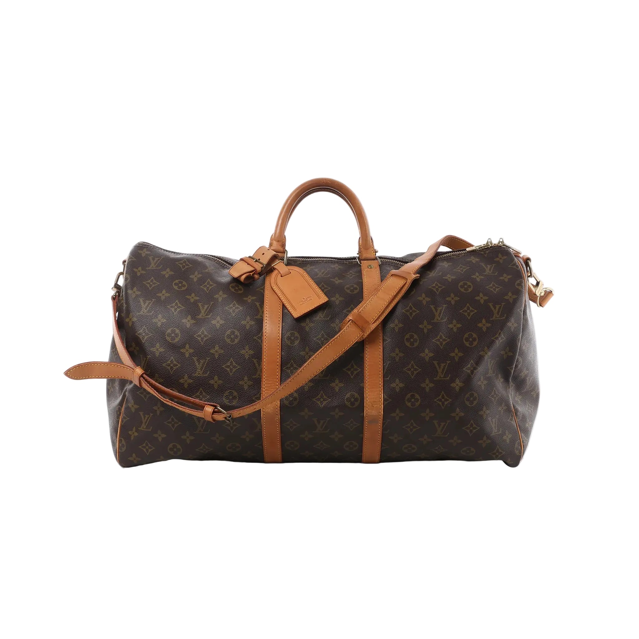 Louis Vuitton Keepall Bandoulière 55 Monogram canvas travel bag with vachetta leather trim, top handles, luggage tag, and detachable shoulder strap on white background.