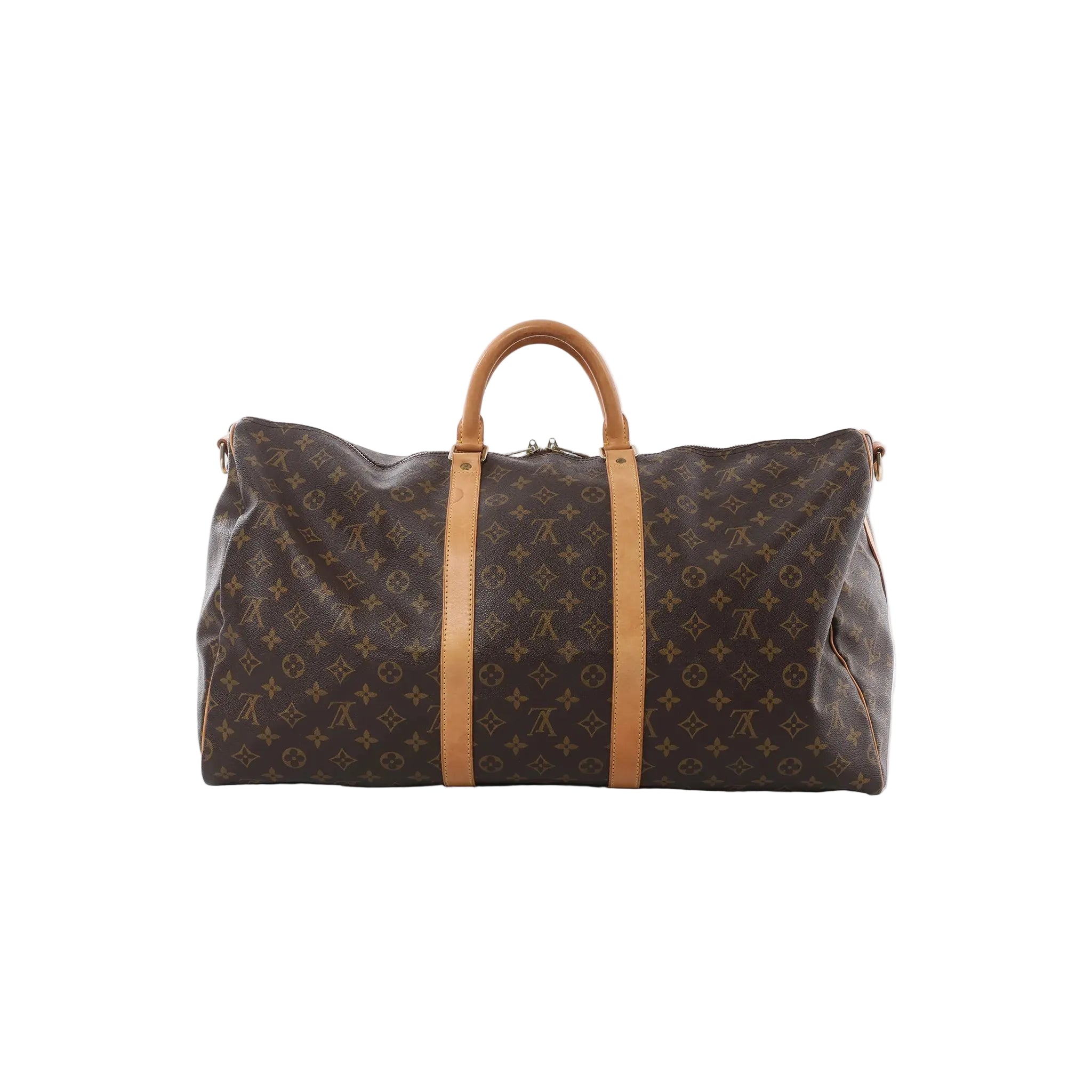 Louis Vuitton Monogram canvas Keepall 55 travel bag with tan leather handles and vertical leather straps on white background (shoulder strap not shown)