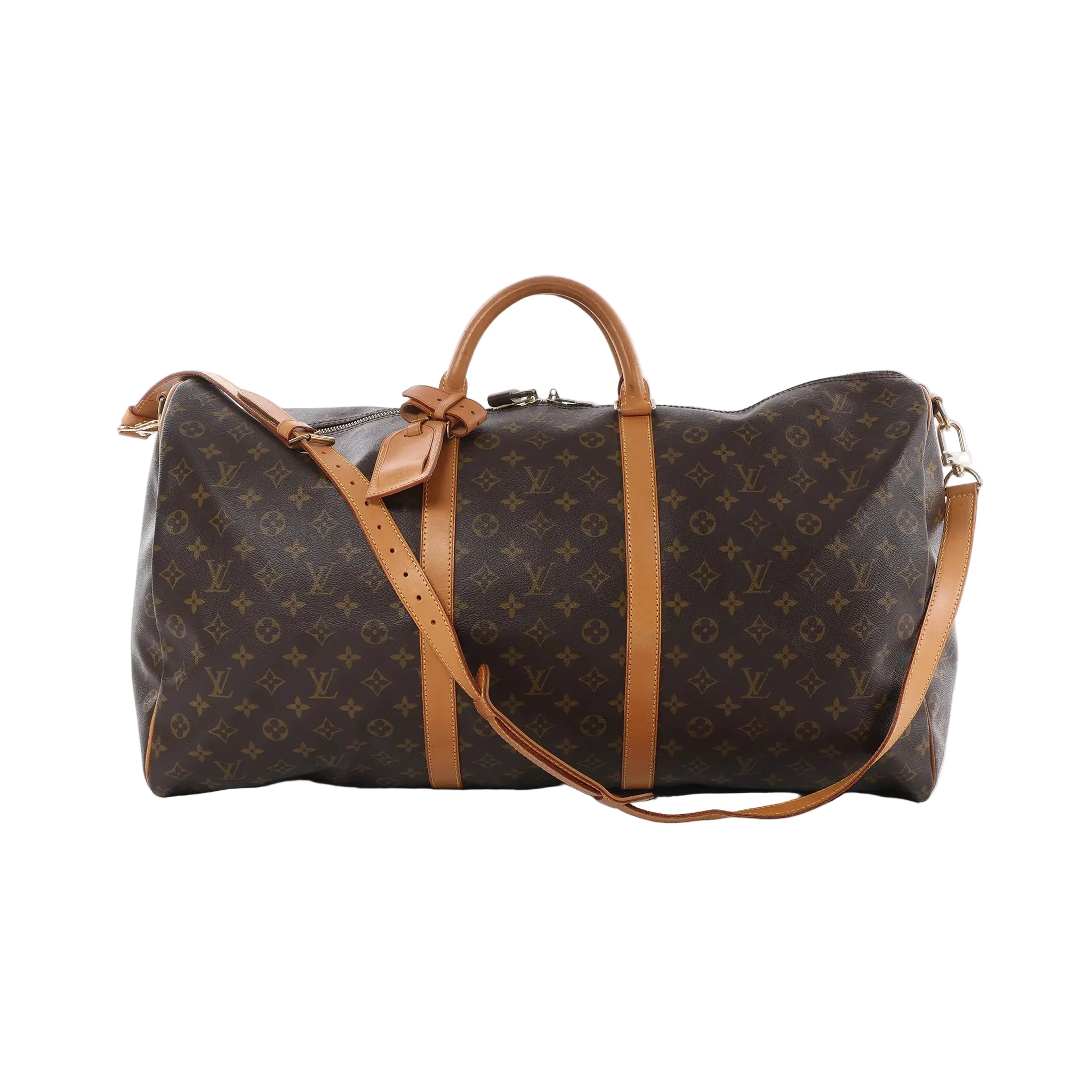 Louis Vuitton Keepall Bandoulière 60 monogram canvas travel bag in brown with tan vachetta leather trim, top handles, zip closure, luggage tag, and detachable shoulder strap.