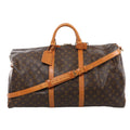 Brown Louis Vuitton Keepall Bandoulière 60 Monogram travel bag with tan leather handles, an adjustable shoulder strap, luggage tag and gold-tone hardware.